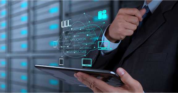 IT professional with tablet showing digital infrastructure