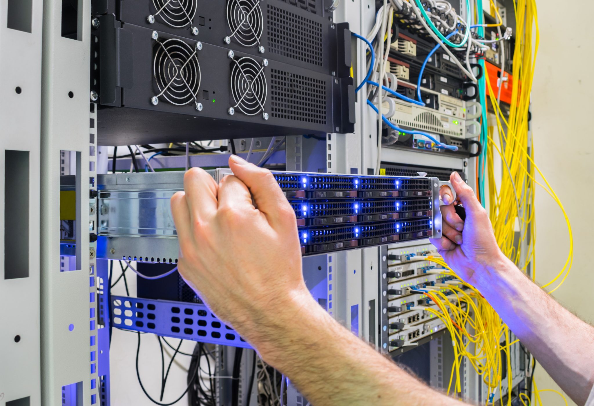 Server installation with blue lighting